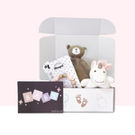 Baby Girl Box med blød sutteklud, træ-silikone rangle og enhjørningsrangle til babyer fra 0 måneder.