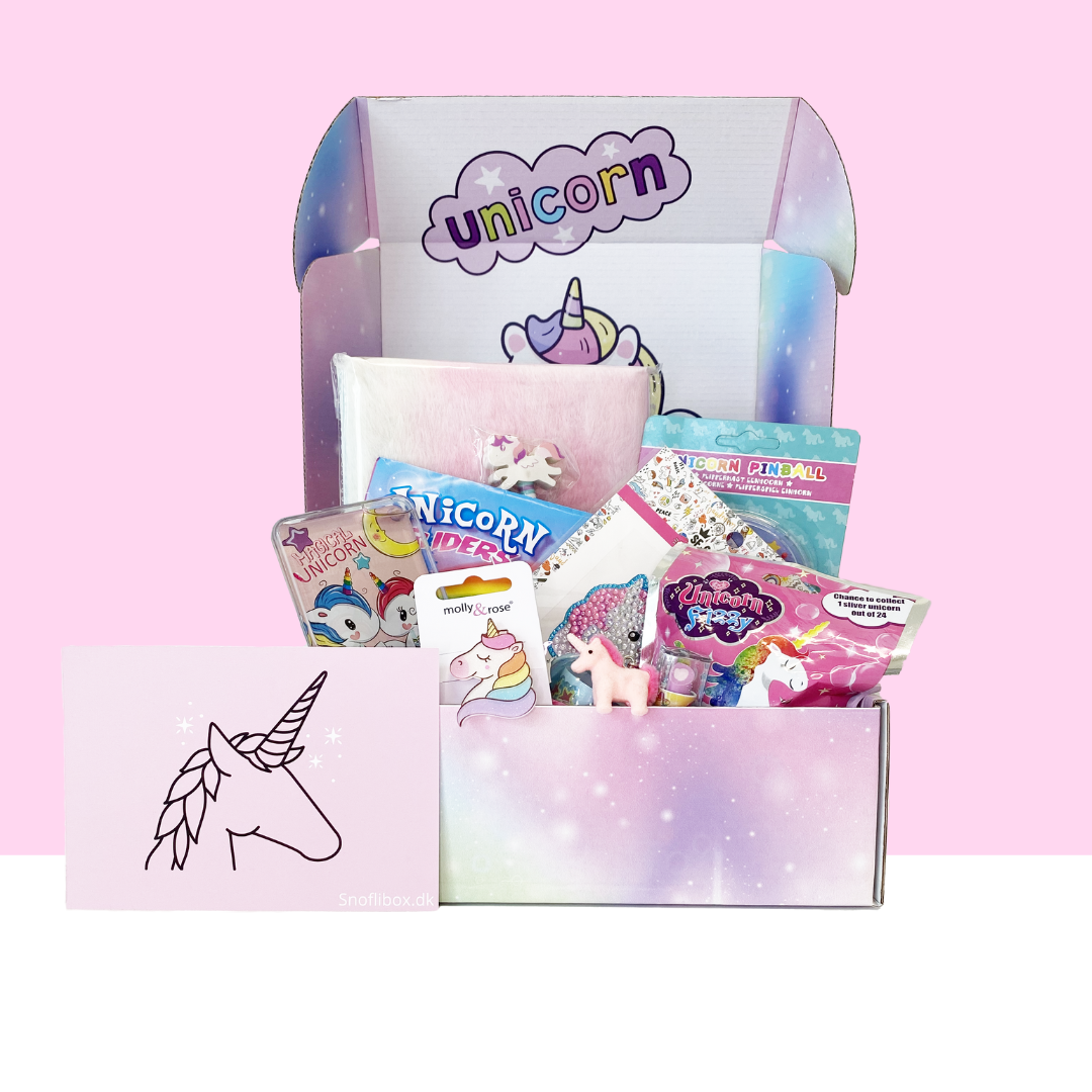 Unicorn Box med enhjørning legetøj, aktiviteter og magiske overraskelser til børn.