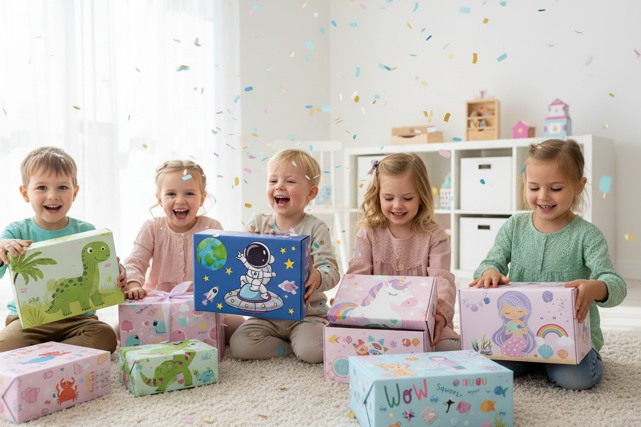 Glade børn leger med blandede tematiske gaveæsker
